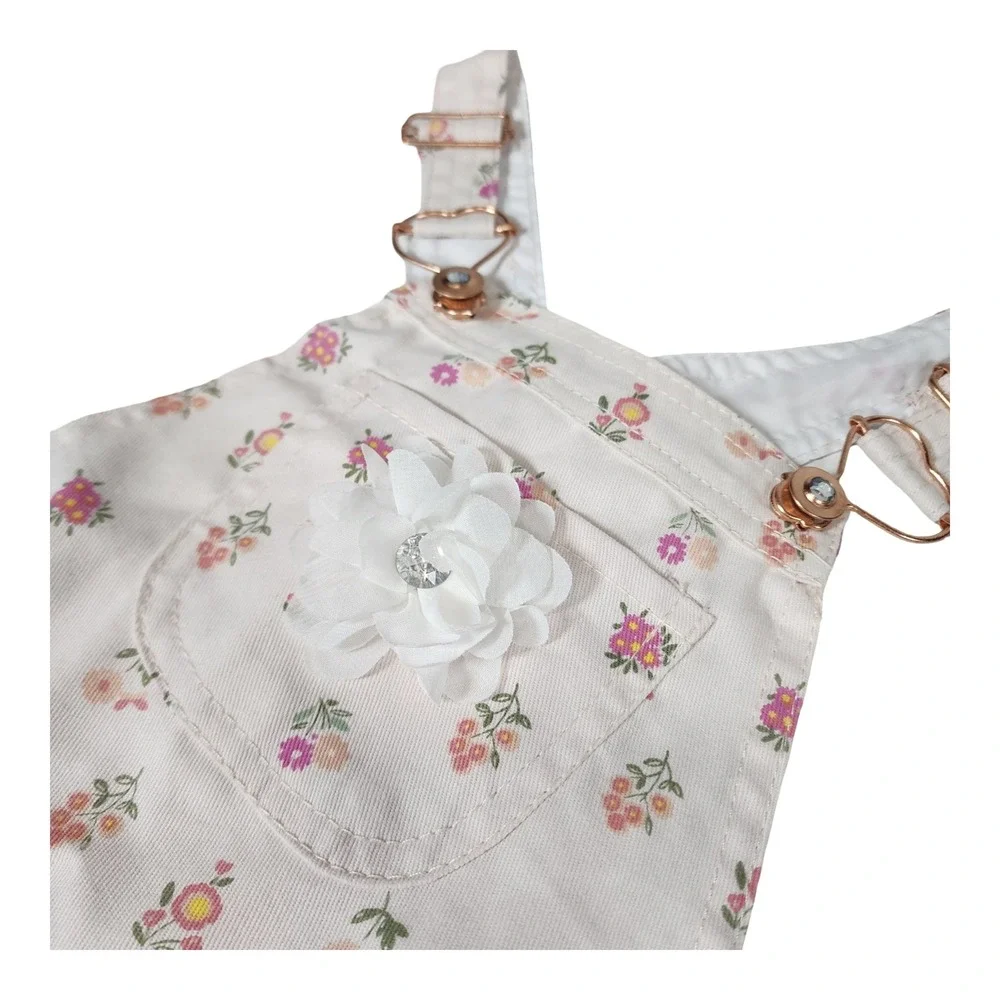 Girls Pink Floral Denim Shortalls with Lace Bow and 3D Flower Size 5